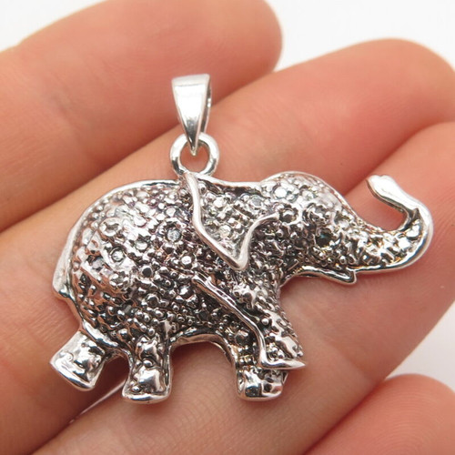 925 Sterling Silver Vintage Real Diamond Accent Elephant for Good Luck Pendant