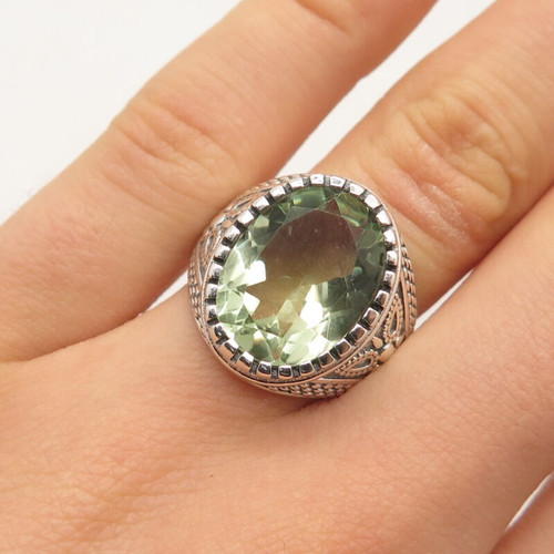 925 Sterling Silver Vintage Real Green Amethyst Gemstone Ring Size 6