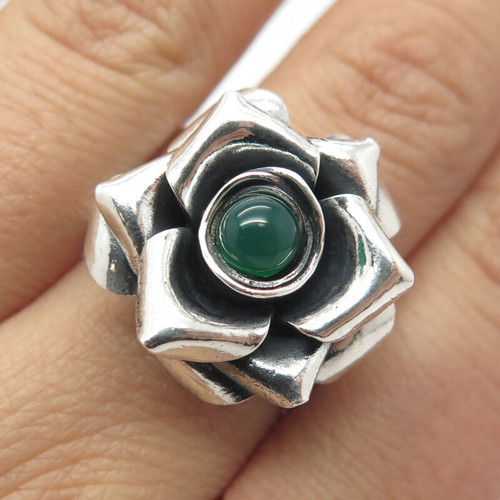 925 Sterling Silver Vintage Real Green Onyx Gemstone Floral Ring Size 10.5