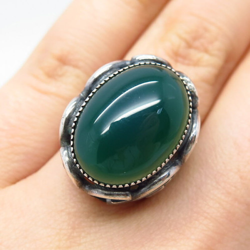 925 Sterling Silver Vintage Real Green Onyx Gemstone Ring Size 6.75