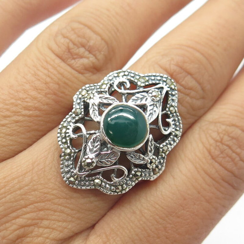 925 Sterling Silver Vintage Real Green Onyx & Marcasite Victorian Ring Size 7