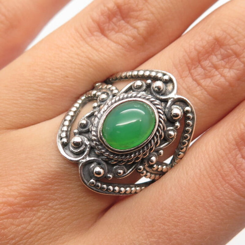 925 Sterling Silver Vintage Real Green Opal Gemstone Ornate Ring Size 7