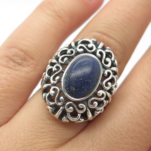 925 Sterling Silver Vintage Real Lapis Lazuli Gem Ornate Handmade Ring Size 6