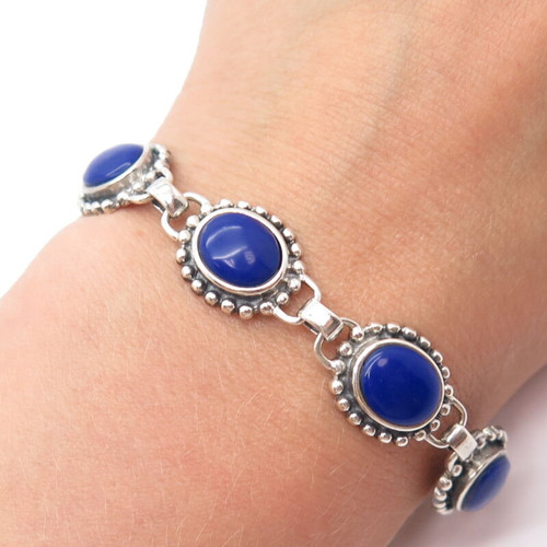 925 Sterling Silver Vintage Real Lapis Lazuli Gemstone Beaded Bracelet 7"