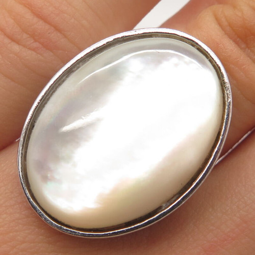 925 Sterling Silver Vintage Real Mother-of-Pearl Oval Signet Ring Size 6.25