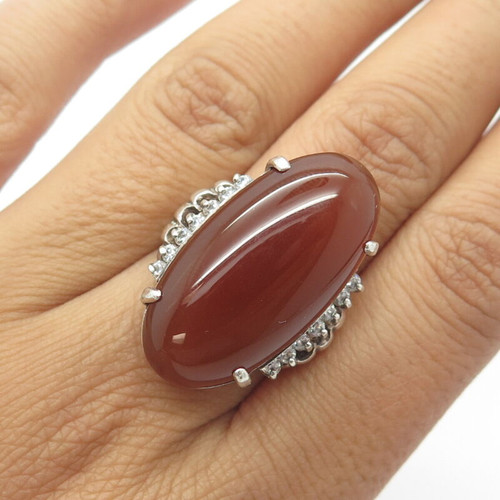 925 Sterling Silver Vintage Real Oval-Cut Carnelian & C Z Statement Ring Size 7