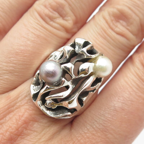 925 Sterling Silver Vintage Real Pearl Oval Brutalist Ring Size 8