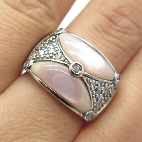 925 Sterling Silver Vintage Real Rose Mother-of-Pearl & C Z Ring Size 7.5