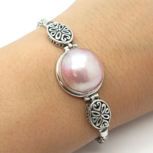925 Sterling Silver Vintage Real Rose Pearl Byzantine Link Bracelet 7"