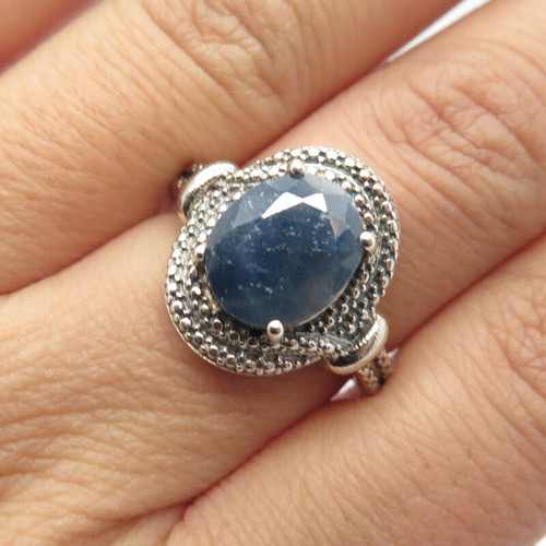925 Sterling Silver Vintage Real Sapphire Gem Dotted Oval Ring Size 7.25