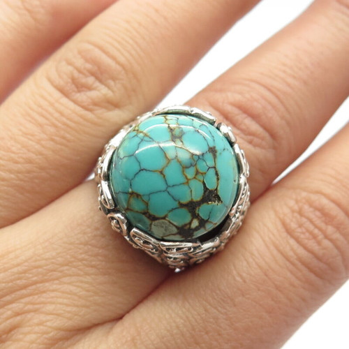 925 Sterling Silver Vintage Real Turquoise Gem Beaded Round Ring Size 7.25