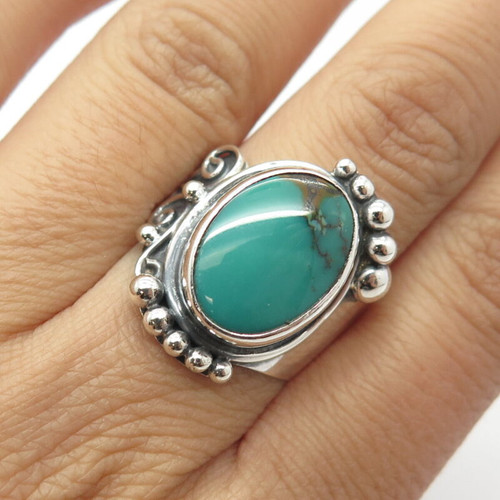 925 Sterling Silver Vintage Real Turquoise Gemstone Beaded Ring Size 8.75