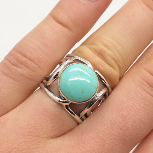 925 Sterling Silver Vintage Real Turquoise Gemstone Wide Ring Size 6.25