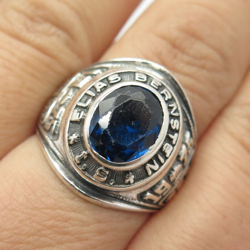 925 Sterling Silver Vintage Reed & Co 1975 Lab Sapphire School Ring Size 8.25