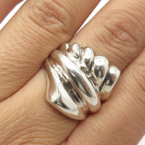 925 Sterling Silver Vintage Ribbed Wide Cocktail Ring Size 7.75