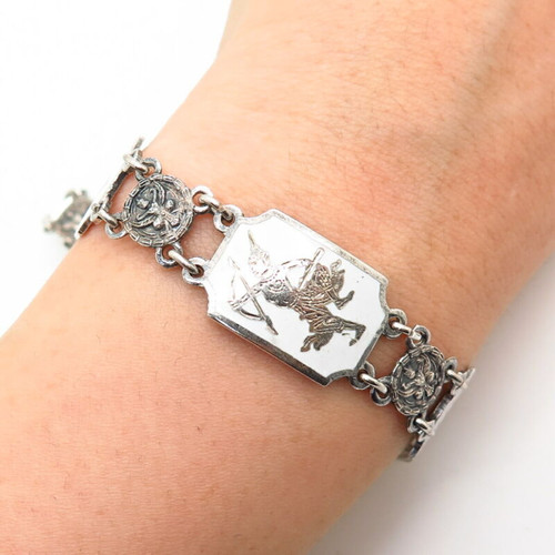 925 Sterling Silver Vintage Siam Enamel Hindu God & Goddess Link Bracelet 7.5"