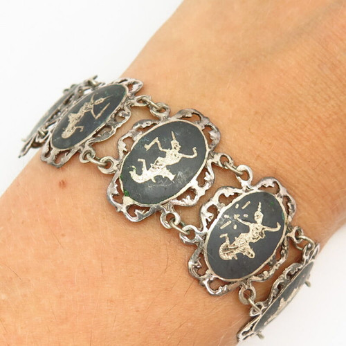 925 Sterling Silver Vintage Siam Niello Hindu Goddess Panel Link Bracelet 6 3/4"