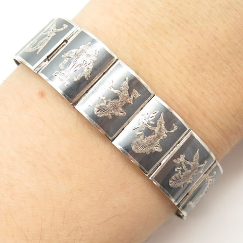 925 Sterling Silver Vintage Siam Niello Hindu Goddess Panel Link Bracelet 6"