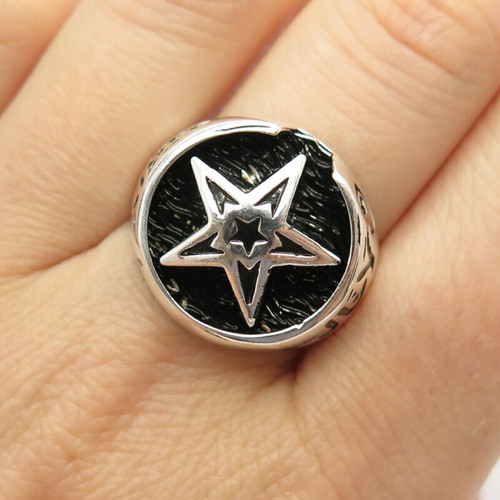 925 Sterling Silver Vintage Star Round Signet Ring Size 10