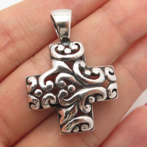 925 Sterling Silver Vintage Swirl Ornate Cross Pendant