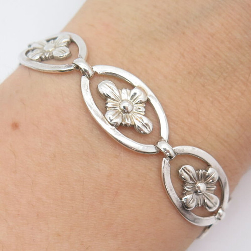 925 Sterling Silver Vintage W. E. Richards Floral Link Bracelet 7 1/4"