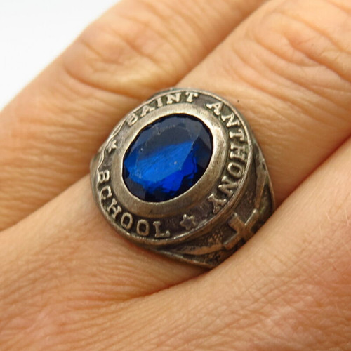 925 Sterling Vintage Blue Glass Saint Anthony School Ring Size 6.5