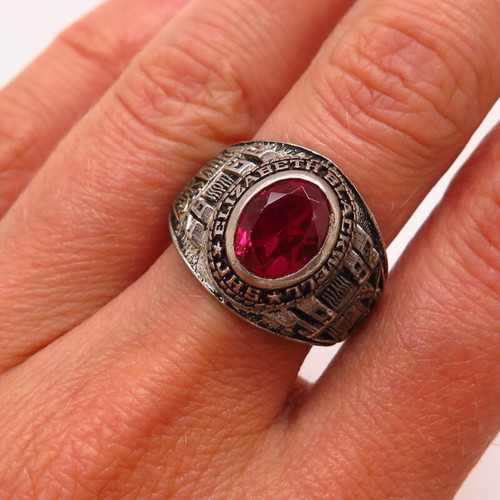 925 Sterling Vintage Lab-Created Ruby Elizabeth Blackwell School Ring Size 6 3/4