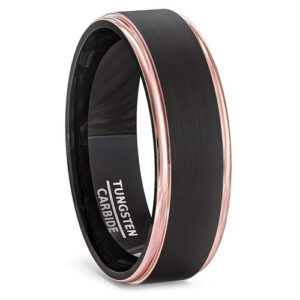 6mm - Unisex or Women's Tungsten Wedding Bands. Rose Gold and Black Tungsten Ring. Side Stripes High Polish. Comfort Fit